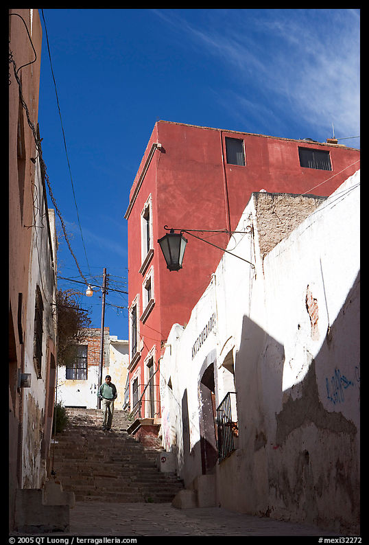 Man walking down stairs of Cajaon de Garcia Rojas. Zacatecas, Mexico