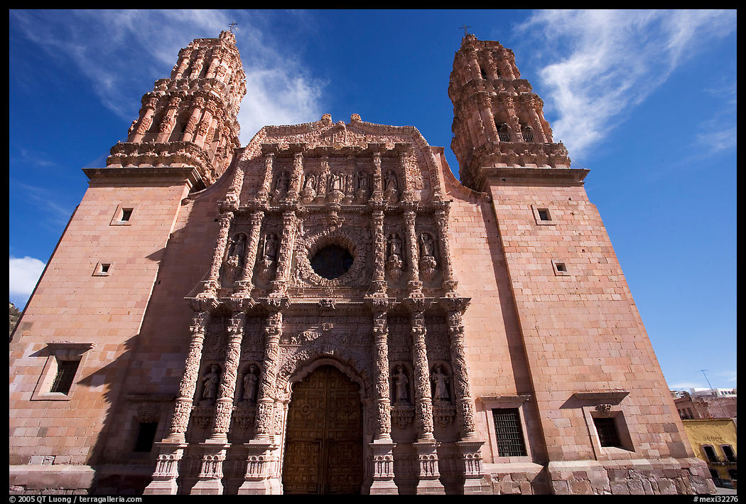 Facade of Cathdedral laced with Churrigueresque carvings, afternoon. Zacatecas, Mexico