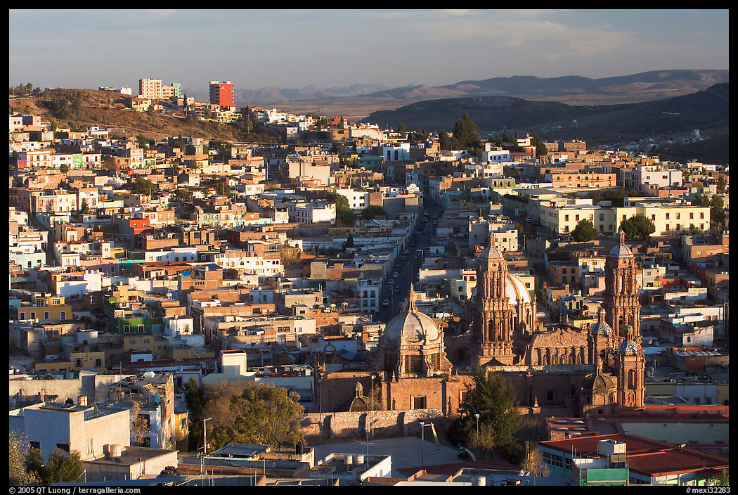 Panoramic view of Cathedral and town, late afternoon. Zacatecas, Mexico