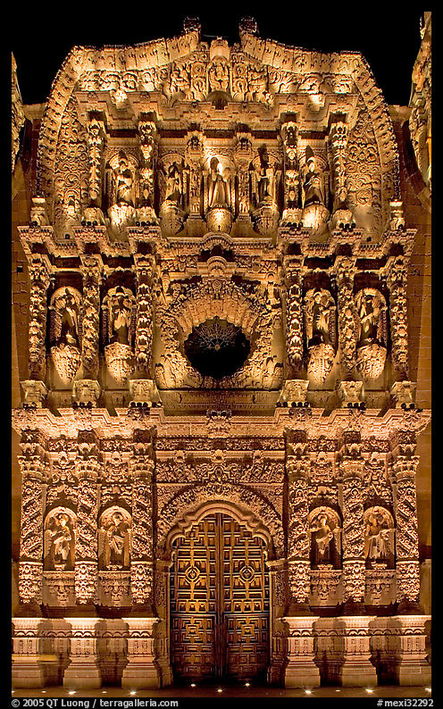 Illuminated churrigueresque carvings on the facade of the Cathdedral. Zacatecas, Mexico