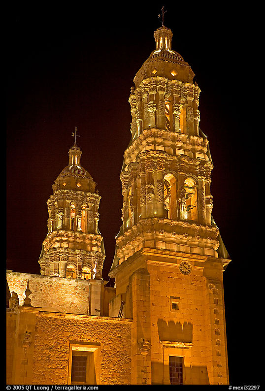 Churrigueresque towers of the Cathedral by night. Zacatecas, Mexico