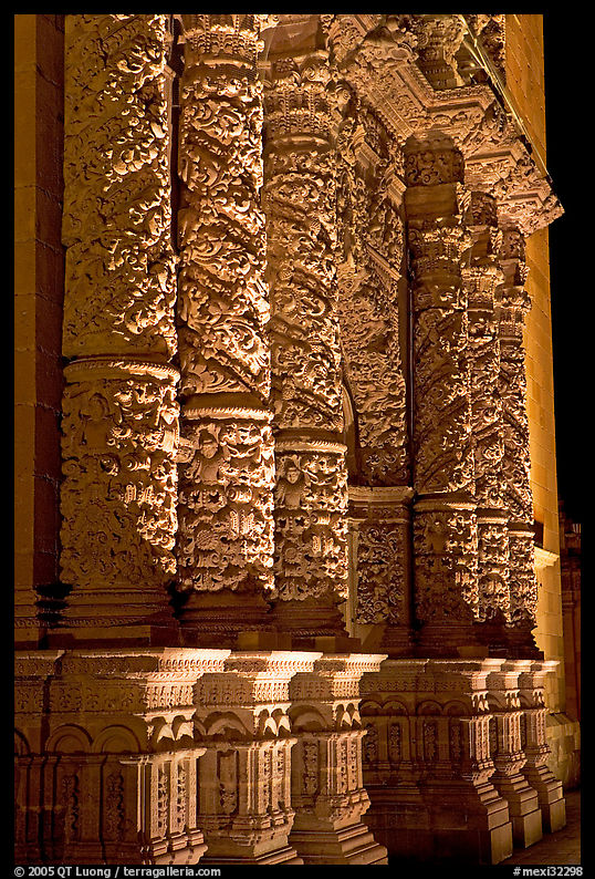 Churrigueresque columns on the facade of the Cathdedral. Zacatecas, Mexico