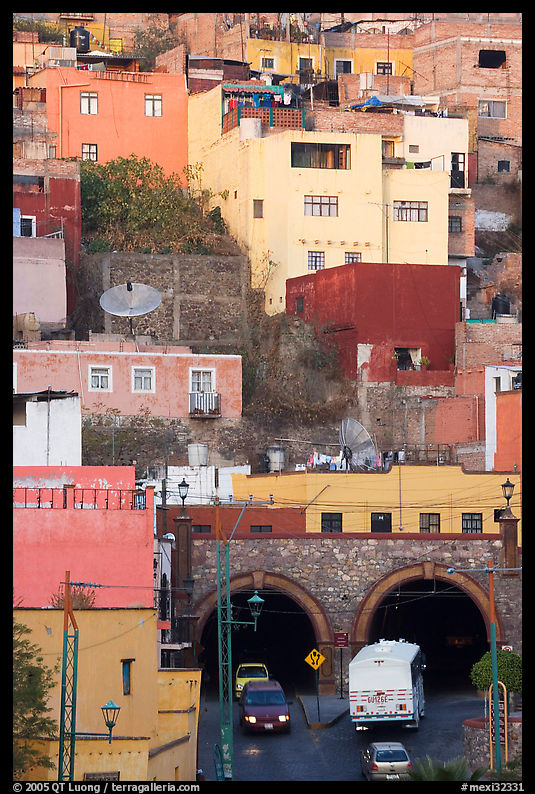 Houses on a hillside built above a tunnel. Guanajuato, Mexico