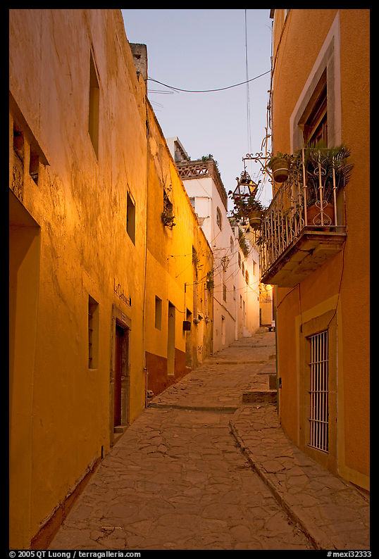 Steep callejone at dusk. Guanajuato, Mexico