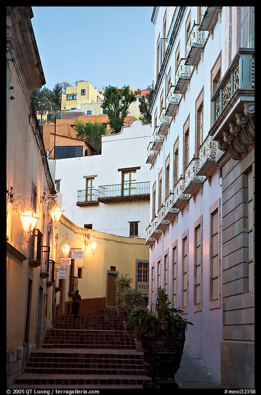 Street with steps at dawn. Guanajuato, Mexico