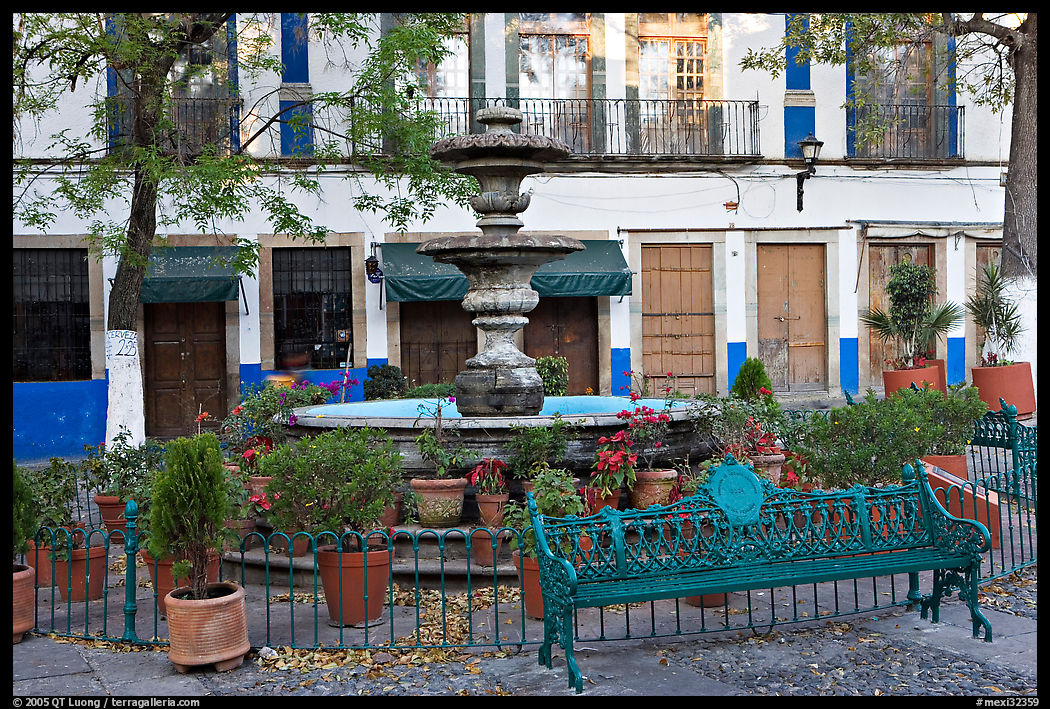 Fountain and public bench on Plazuela San Fernando. Guanajuato, Mexico