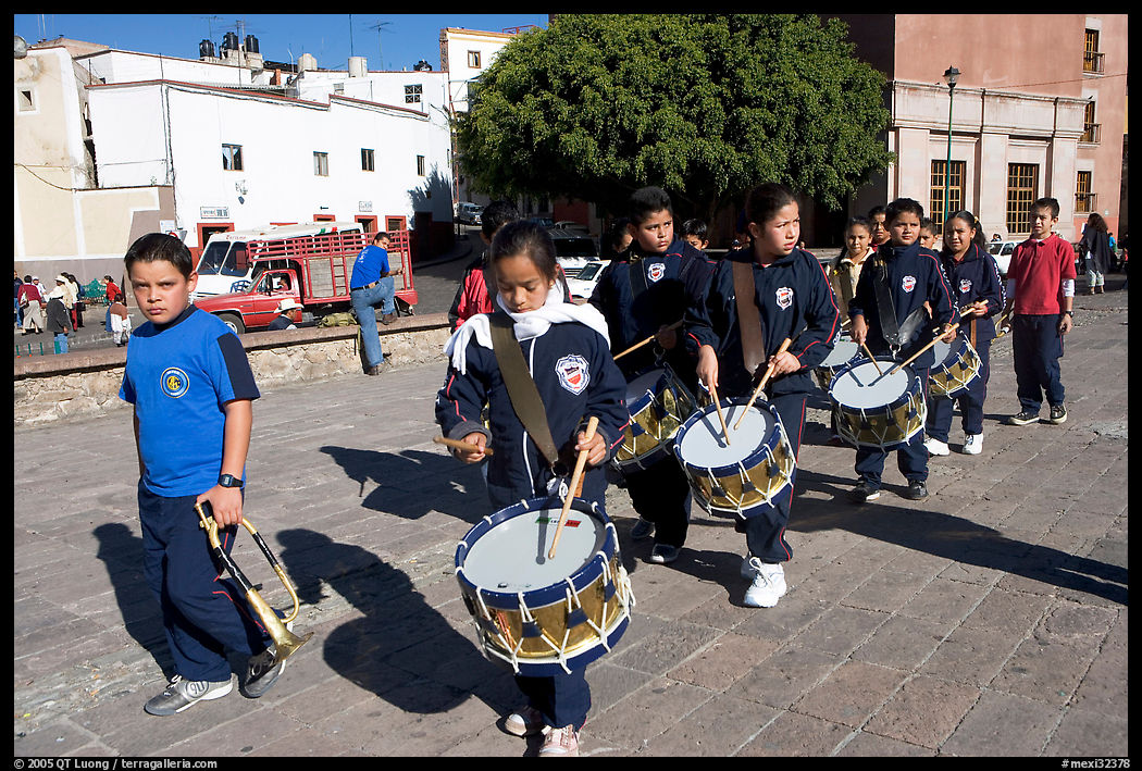 Schoolchildren in a marching band. Guanajuato, Mexico