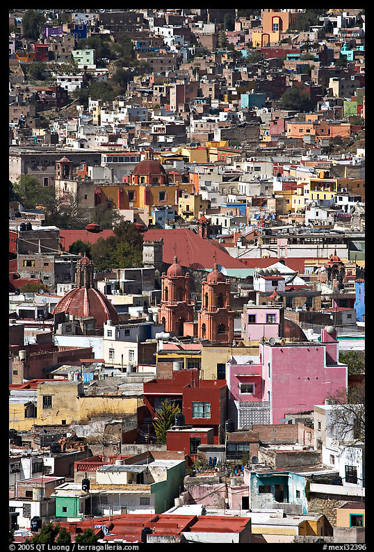 View of the city center with churches and roofs, mid-day. Guanajuato, Mexico