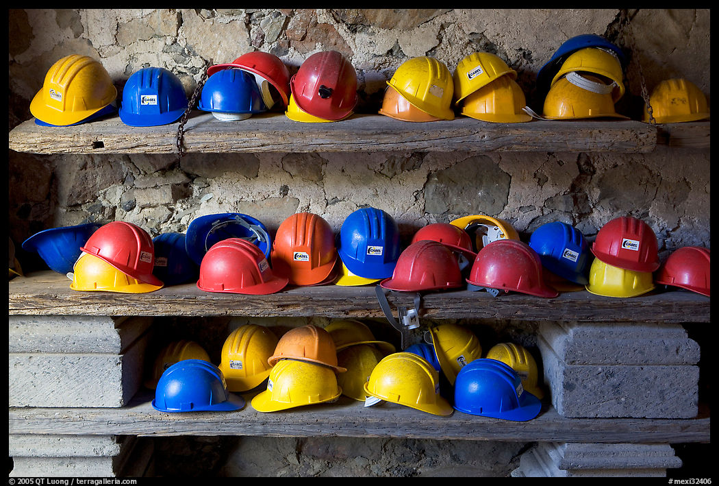 Hard hats used for descending into La Valenciana mine. Guanajuato, Mexico