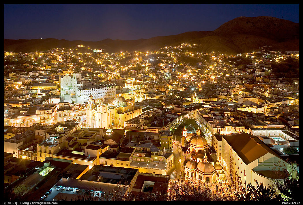 Historic town at night with illuminated monuments. Guanajuato, Mexico