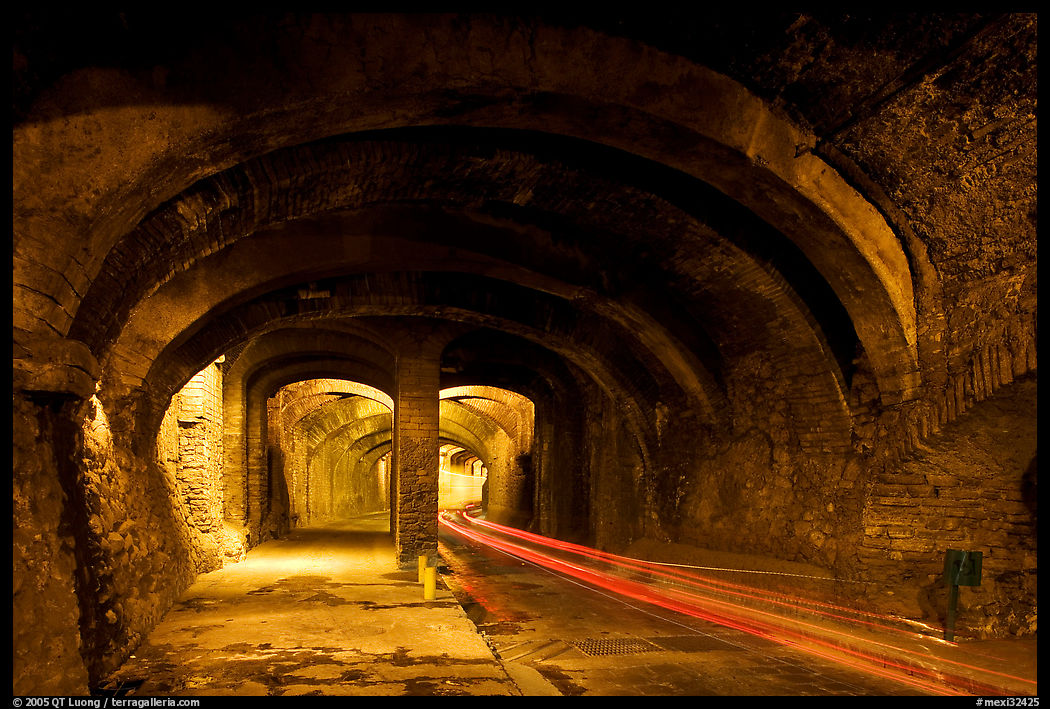 Subtarranean passageway with street and sidewalk. Guanajuato, Mexico