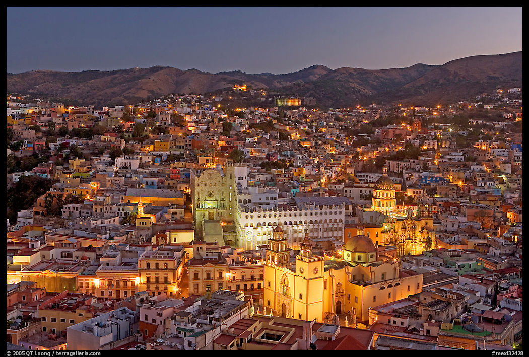 Panoramic view of the historic town with illuminated monuments. Guanajuato, Mexico