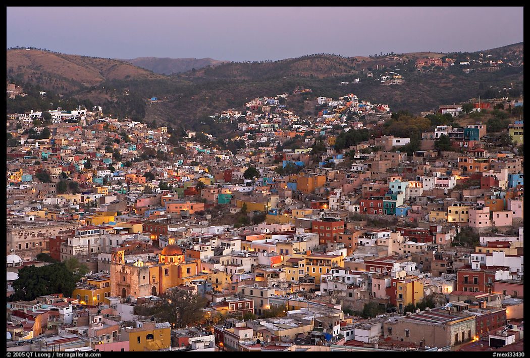Panoramic view of the historic town and surrounding hills at dawn. Guanajuato, Mexico