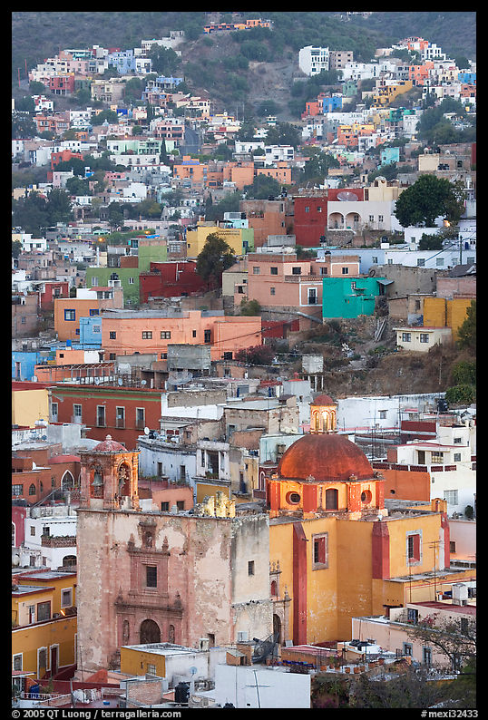 Church San Roque, and houses at dawn. Guanajuato, Mexico