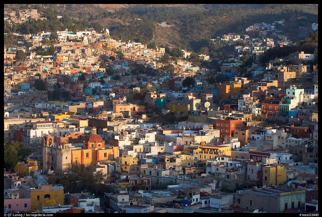 Church San Roque, and hills, early morning. Guanajuato, Mexico