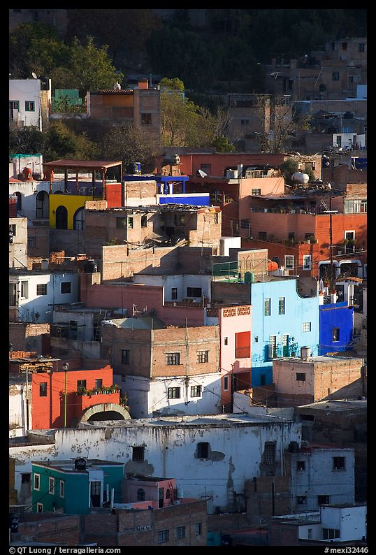 Vividly colored houses on hill, early morning. Guanajuato, Mexico