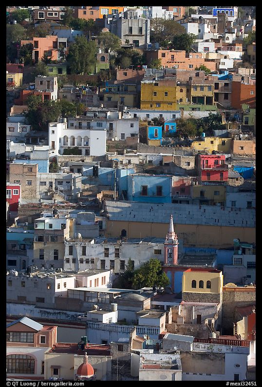 Houses built on steep hill,  early morning. Guanajuato, Mexico