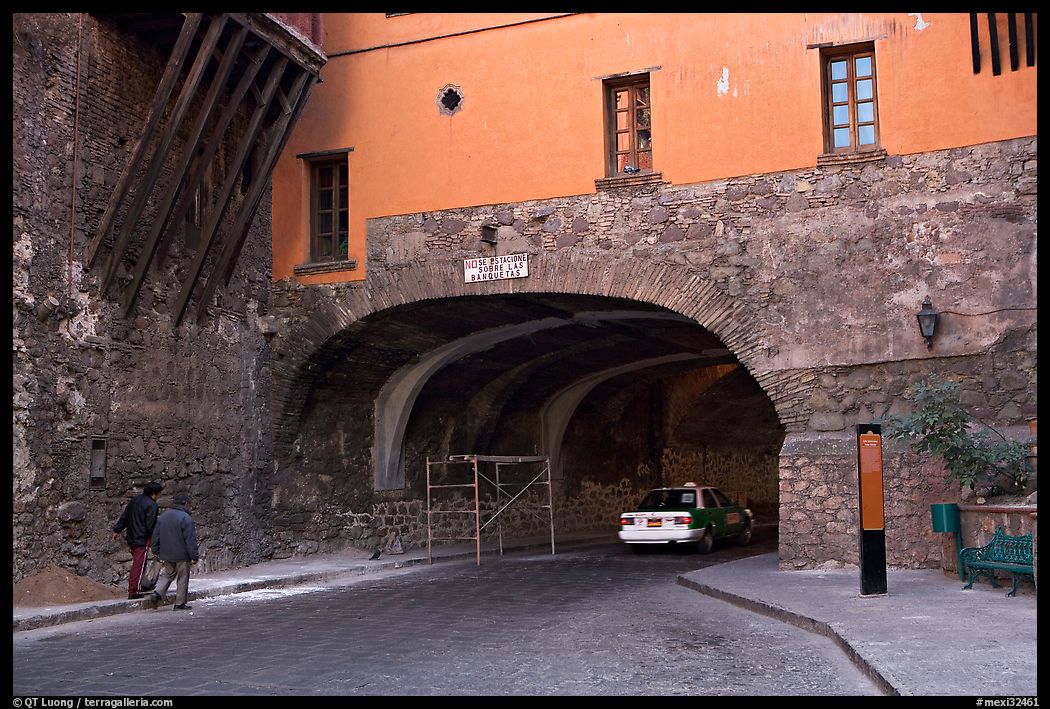 Entrance of one of the subterranean streets with a house built above. Guanajuato, Mexico