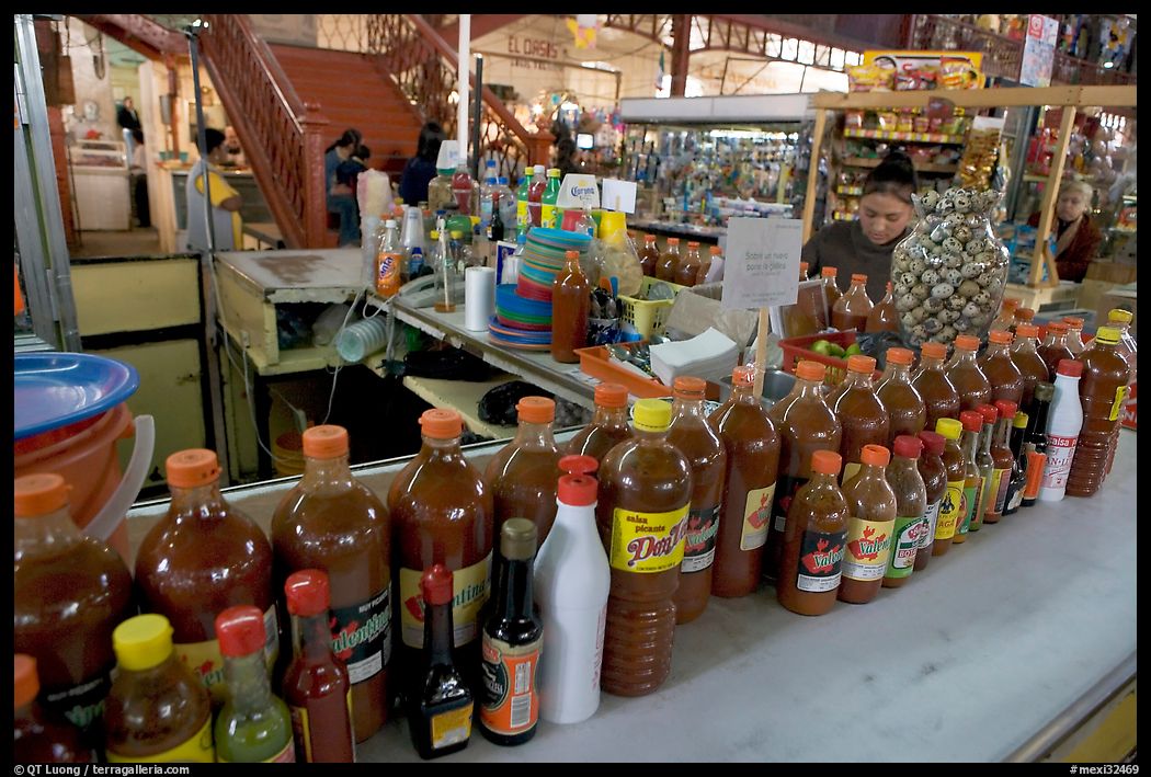 Chili bottles at a booth in Mercado Hidalgo. Guanajuato, Mexico