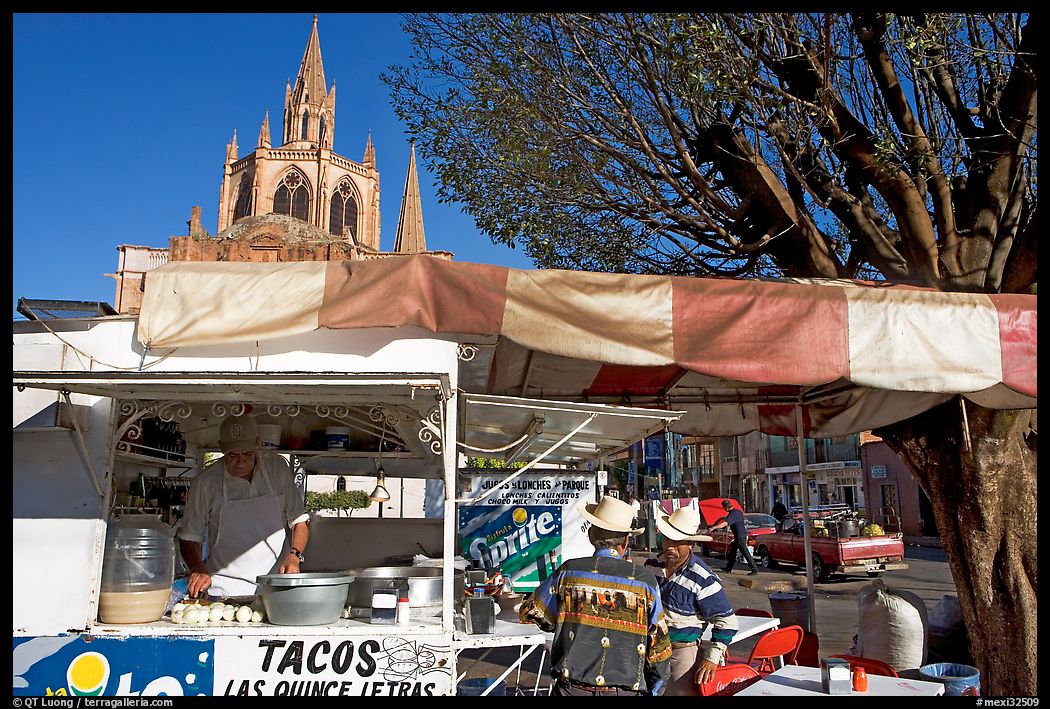 Taco stand on town plaza with cathedral in background. Mexico