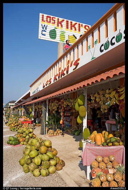 Row of tropical fruit stands. Mexico