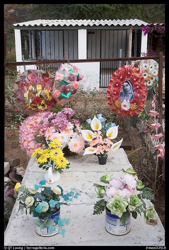 Multicolored flowers on a grave. Mexico