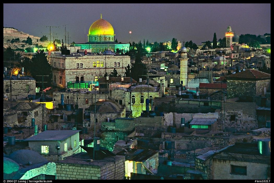 Old town roofs and Dome of the Rock by night. Jerusalem, Israel