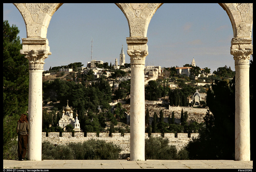 Spires and Mount of Olives seen through arches. Jerusalem, Israel