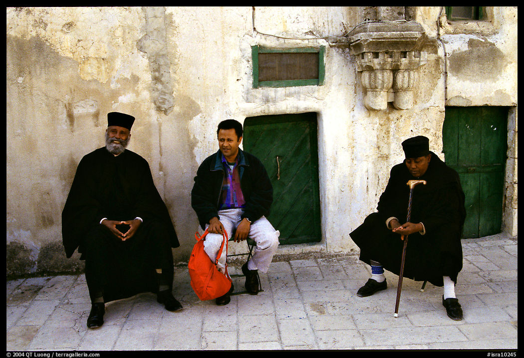 Copt monks and visitor in the Ethiopian Monastery. Jerusalem, Israel