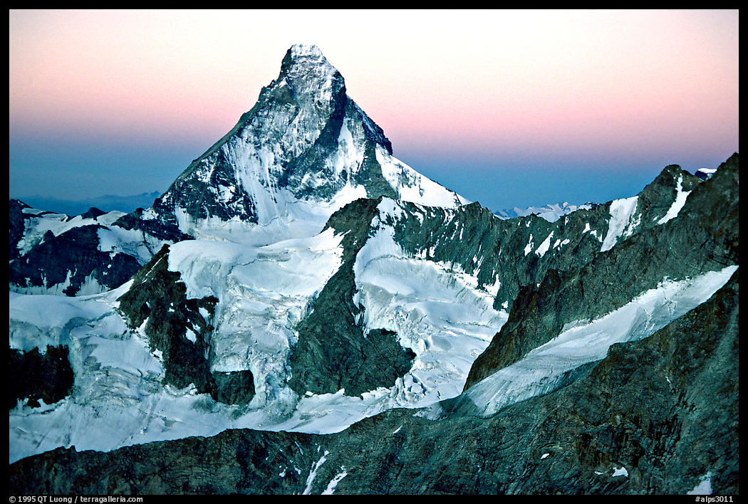 Matterhorn and glaciers at sunrise, Switzerland.