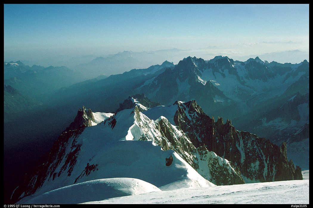Looking from the summit of Mont-Blanc towards Aiguille du Midi. Mt Maudit and Mont-Blanc du Tacul are seen in between.. Mont-Blanc range, French Alps