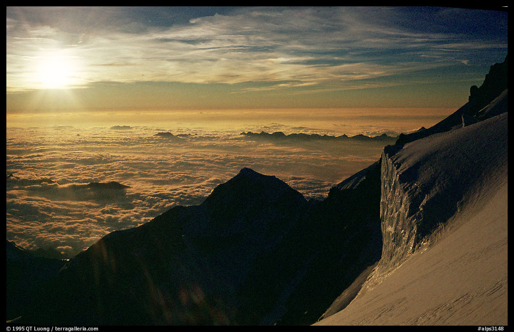 Sunset over the Bionnassay ridge, just under the summit of Mont-Blanc. Mont-Blanc range, French Alps