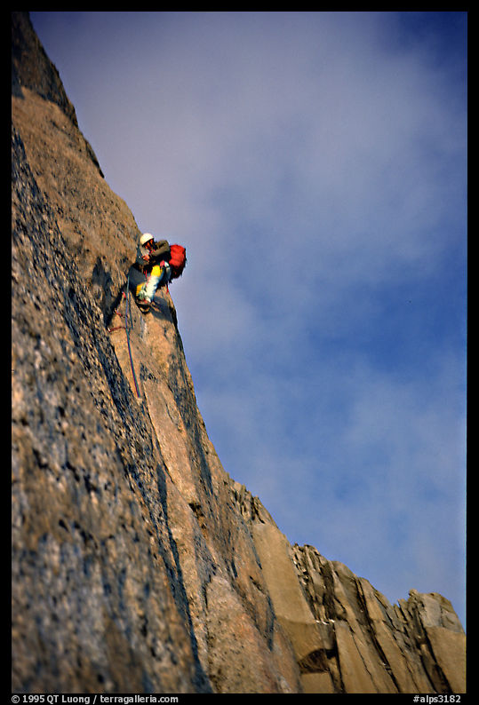 Paul leading on Bonatti Pilar on Le Dru, Mont-Blanc Range, French Alps.