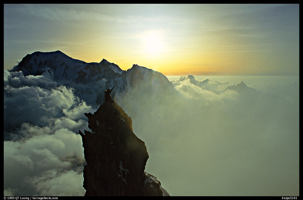 On the very narrow top of Dent du Geant, Mont-Blanc Range, French Alps.