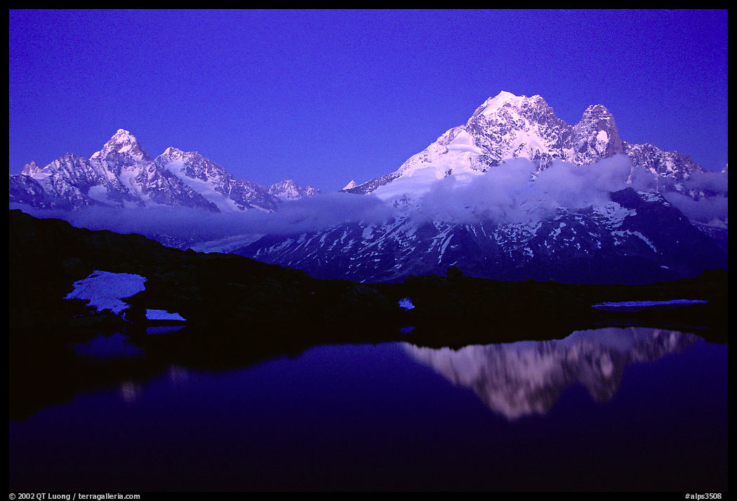 Aiguille du Tour and Aiguille Verte, seen from the Aiguilles Rouges at dusk, French Alps.