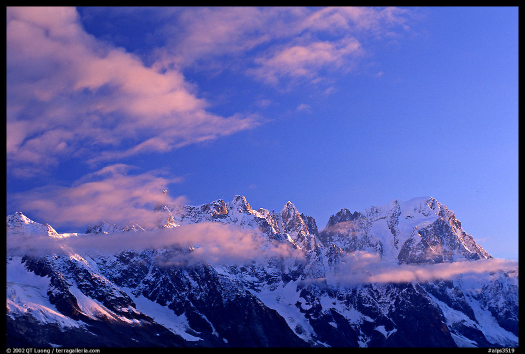 Grandes Jorasses and aretes de Rochefort seen from the Val Veny at sunrise, Italian Alps.