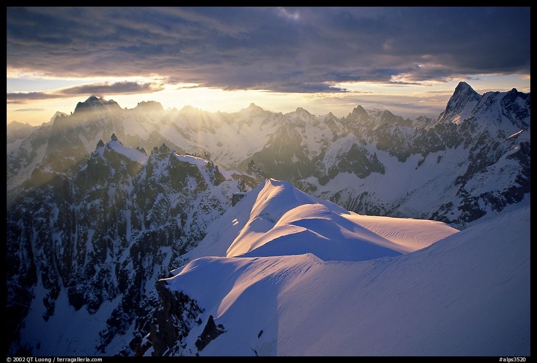 Aiguilles de Chamonix, Courtes-Verte ridge, and Grandes Jorasses seen from Aiguille du Midi. Mont-Blanc range, French Alps