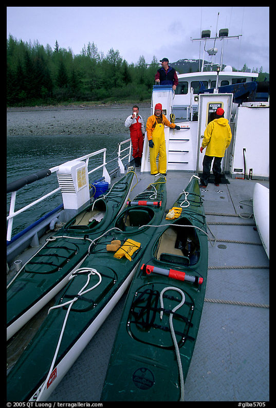 Kayaks loaded on the deck of Glacier Bay Lodge concession boat. Glacier Bay National Park, Alaska
