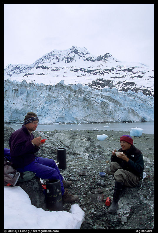 Eating breakfast in front of Lamplugh Glacier. Glacier Bay National Park, Alaska