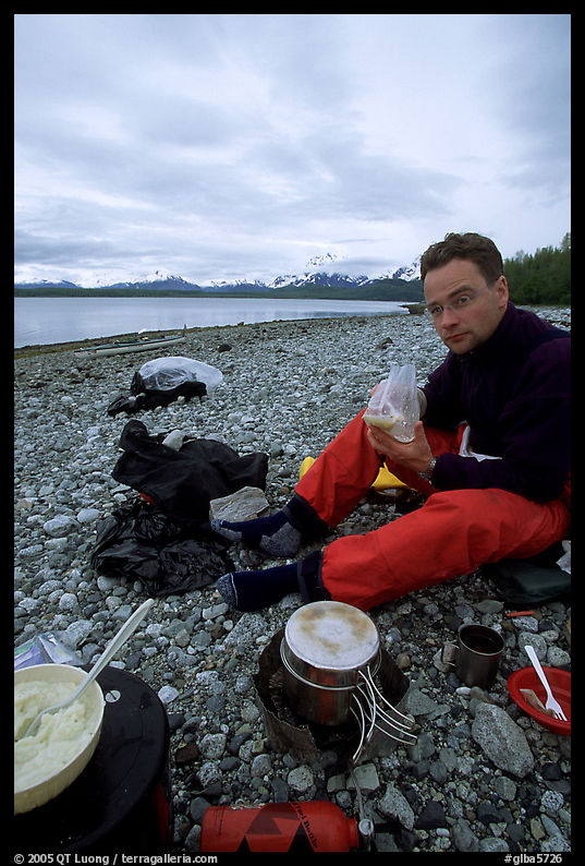 Eating on the shores of Muir Inlet. Glacier Bay National Park, Alaska