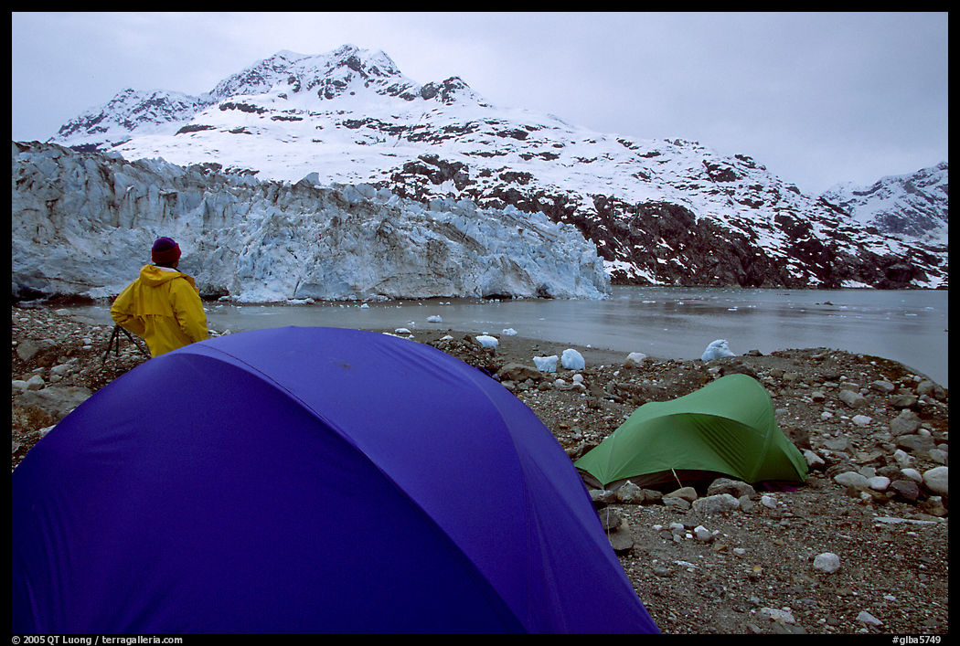 Camp in front of Lamplugh Glacier. Glacier Bay National Park, Alaska