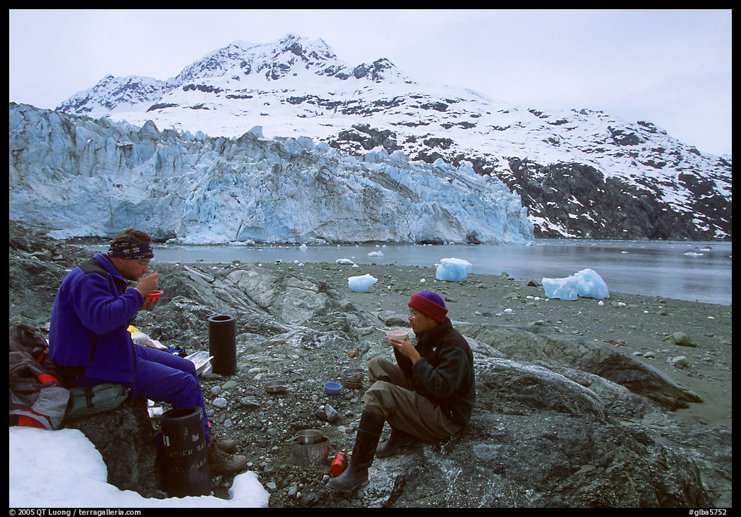 Eating in front of Lamplugh Glacier. Glacier Bay National Park, Alaska