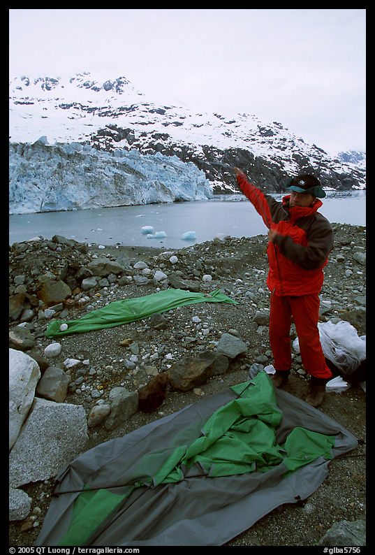 Setting up a tent in front of Lamplugh Glacier. Glacier Bay National Park, Alaska