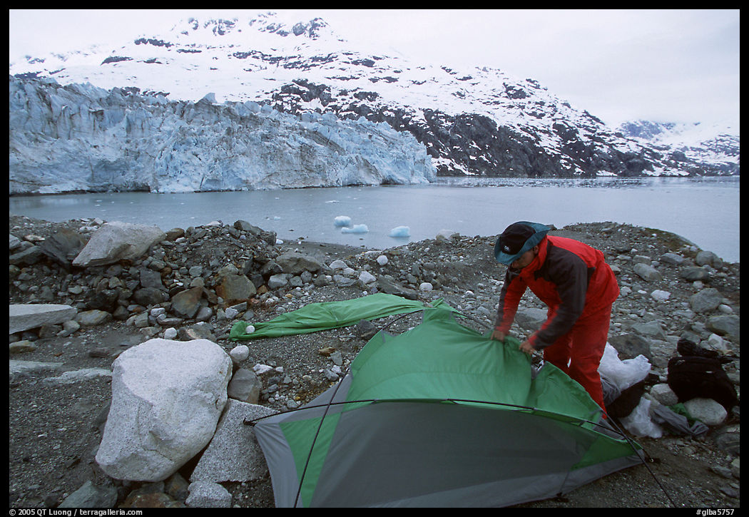Setting up a tent in front of Lamplugh Glacier. Glacier Bay National Park, Alaska