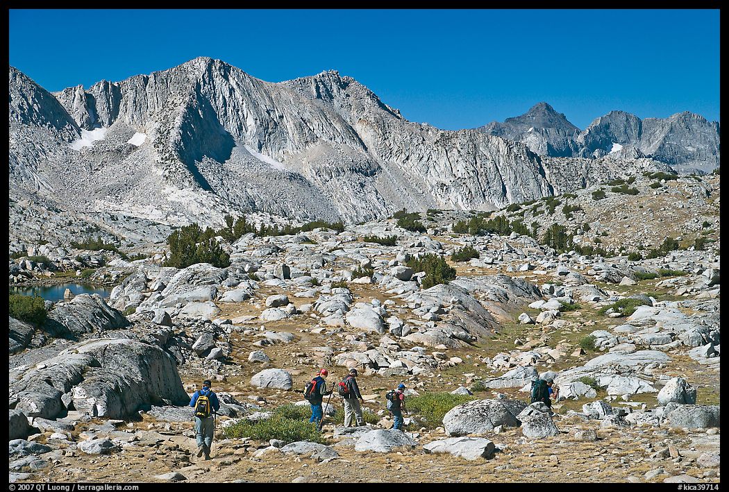 Hikers in Dusy Basin, morning. Kings Canyon National Park, California