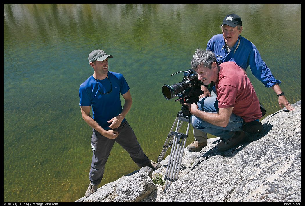 Cameramen filming near lake, lower Dusy Basin. Kings Canyon National Park, California
