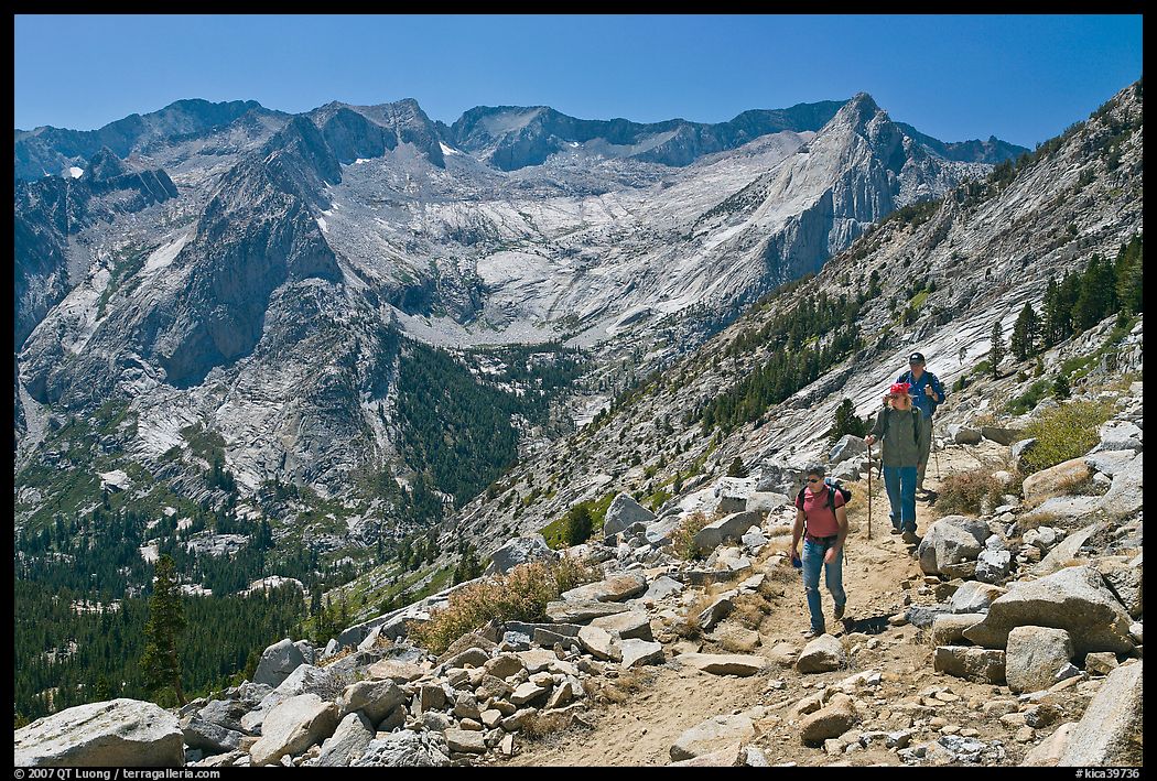 Hikers on trail above Le Conte Canyon. Kings Canyon National Park, California