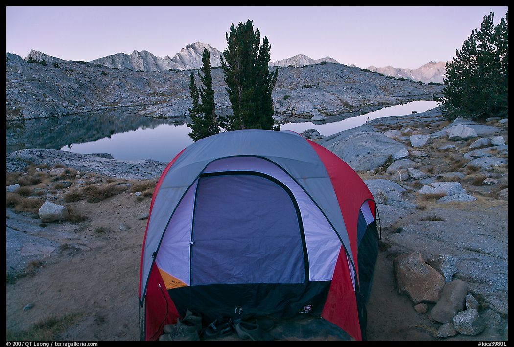 Tent and lake, dawn, Dusy Basin. Kings Canyon National Park, California