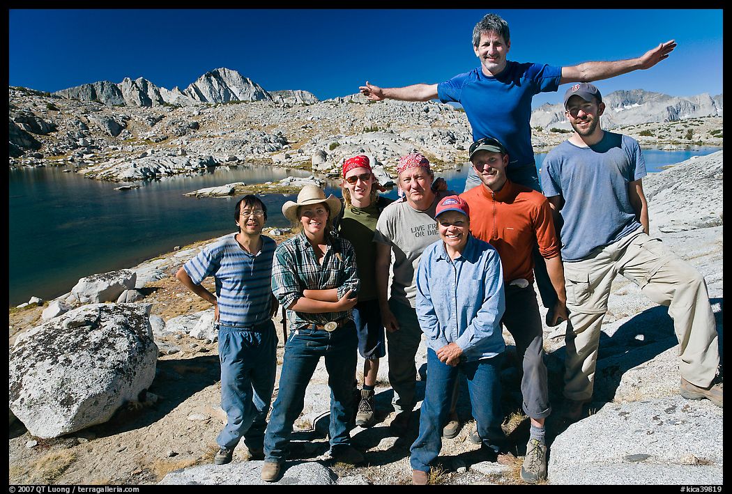 Hiking group posing in Dusy basin. Kings Canyon National Park, California