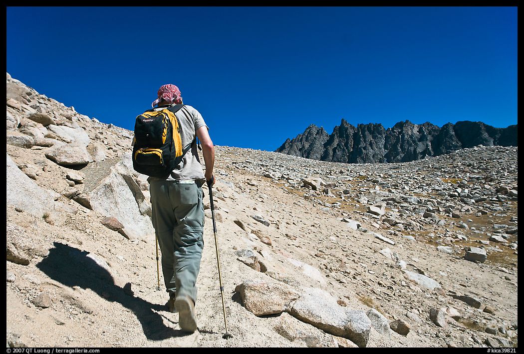 Hiker heading towards Biship Pass, Dusy Basin. Kings Canyon National Park, California